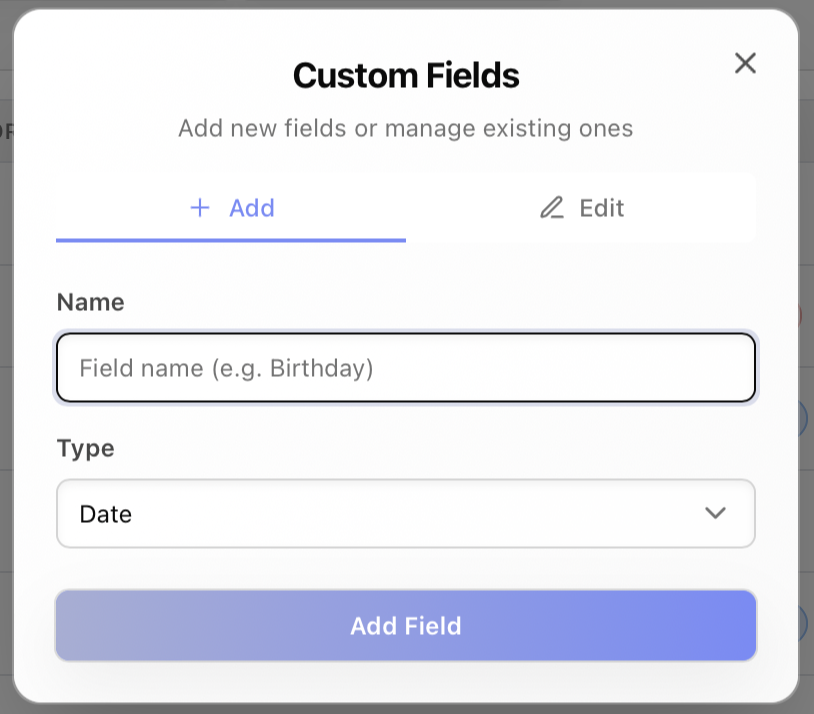 The Manage custom fields dialog for adding, renaming, or removing custom fields on user records